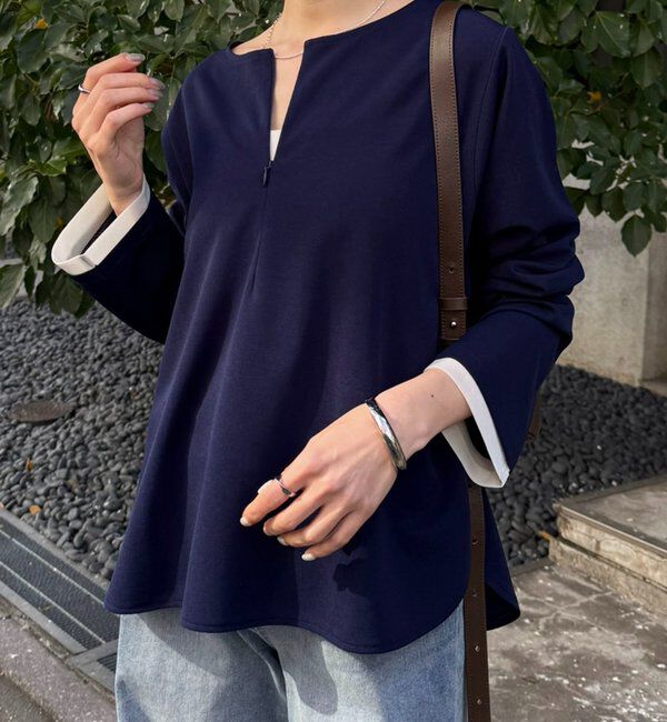  「【ストレッチ◎1枚で決まる】袖シアー切替ジョーゼットロンT」|Tシャツ・カットソー|