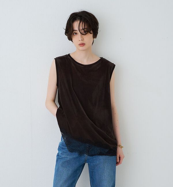 Rouge vif「シアーベロアノースリーブヘムレースカットソー」|Tシャツ・カットソー|
