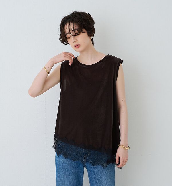 Rouge vif「シアーベロアノースリーブヘムレースカットソー」|Tシャツ・カットソー|