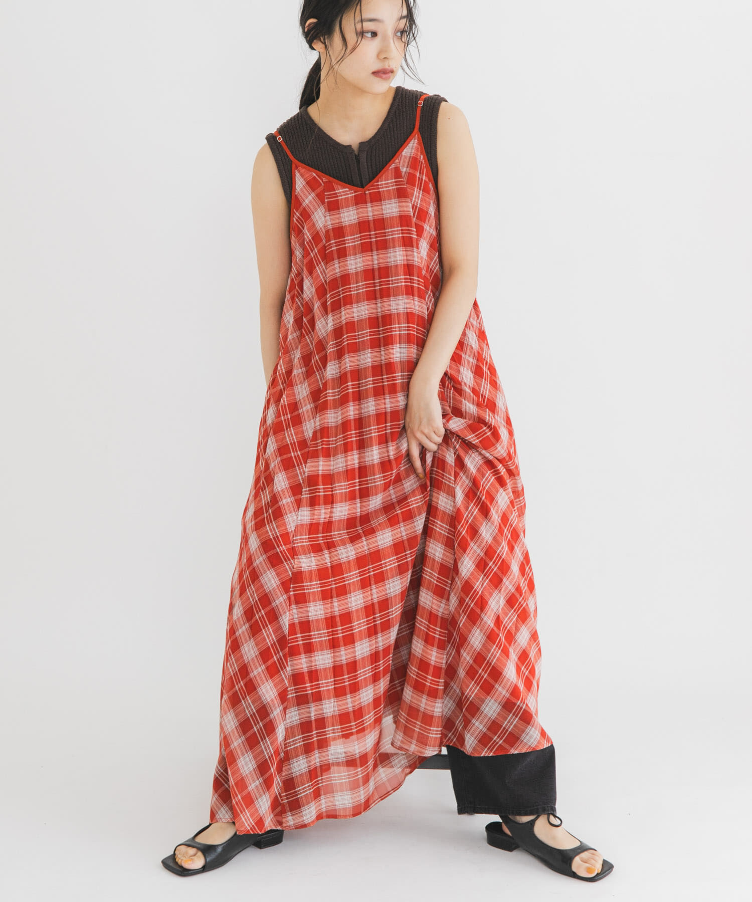  「チェックプリーツキャミワンピース」|その他|レッド系その他
