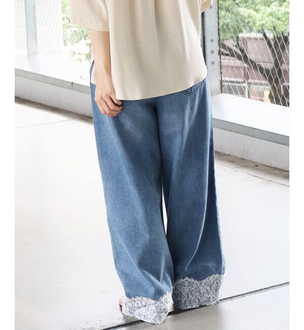  「裾レースタックデニムパンツ」|デニム|
