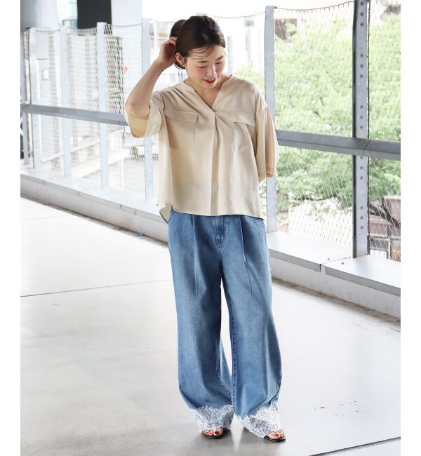  「裾レースタックデニムパンツ」|デニム|