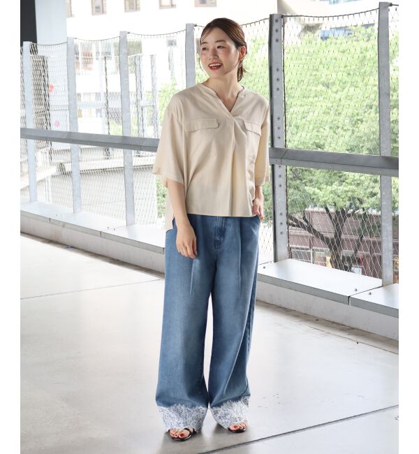  「裾レースタックデニムパンツ」|デニム|