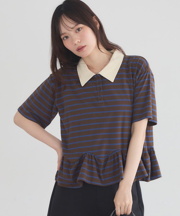 earth music&ecology「ボーダーフリルポロ」|Tシャツ・カットソー|Brown