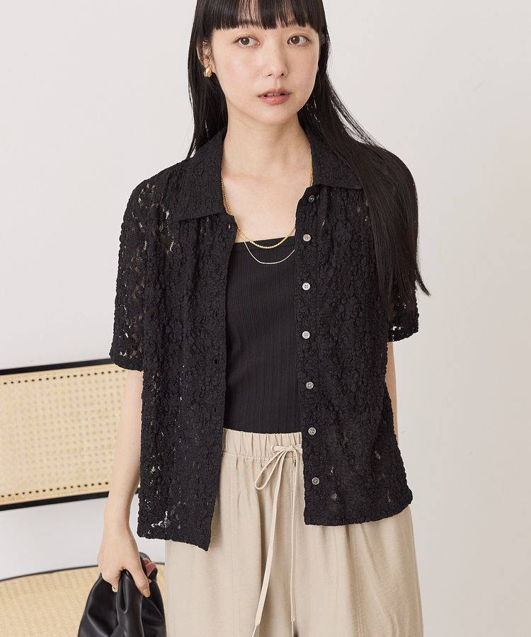 AMERICAN HOLIC「半袖襟付きレースカーディガン」|カーディガン|Black
