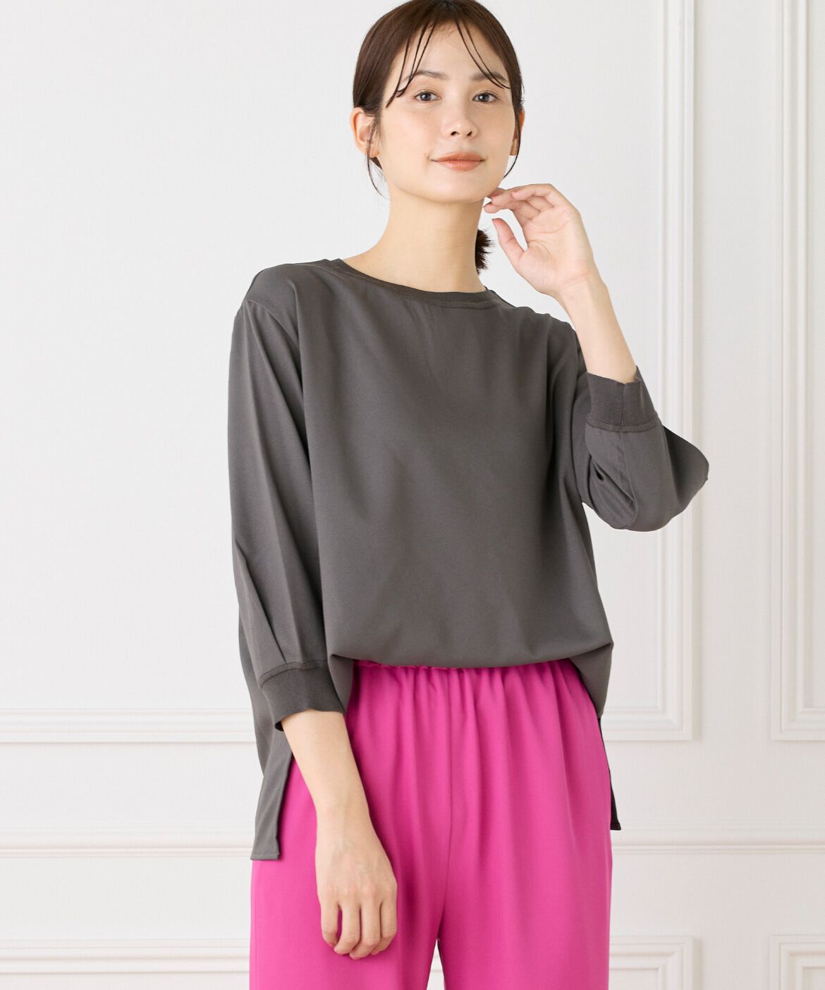 Le Souk「《大きいサイズ》異素材リブ 七分袖プルオーバー」|Tシャツ・カットソー|チャコールグ 3