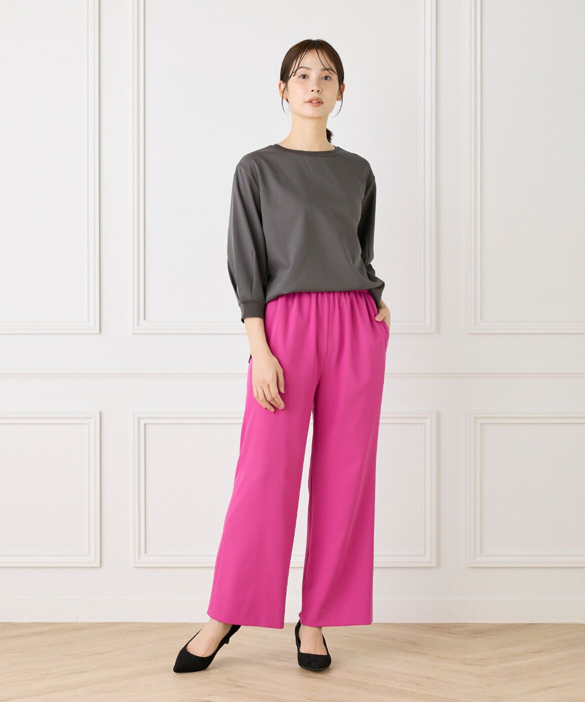 Le Souk「《大きいサイズ》異素材リブ 七分袖プルオーバー」|Tシャツ・カットソー|