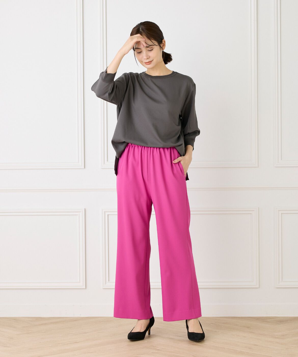 Le Souk「《大きいサイズ》異素材リブ 七分袖プルオーバー」|Tシャツ・カットソー|