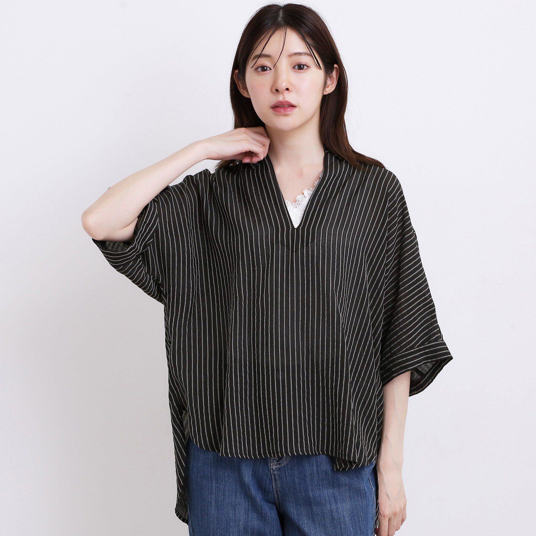 grove「【洗濯機◎・体型カバー】ON/OFF使える、シアースキッパーシャツ」|シャツ・ブラウス|ブラック(019)