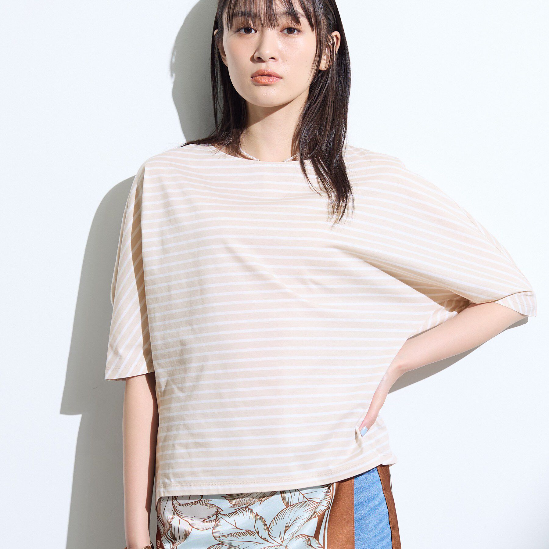 INDIVI「【体型カバー】ボーダードルマントップス」|Tシャツ・カットソー|