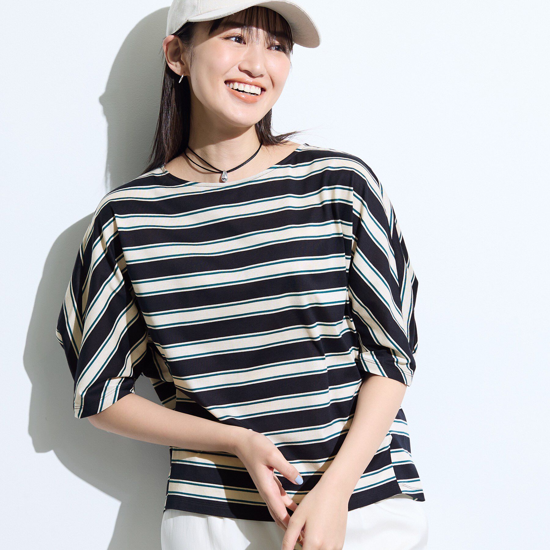 INDIVI「【体型カバー】ボーダードルマントップス」|Tシャツ・カットソー|
