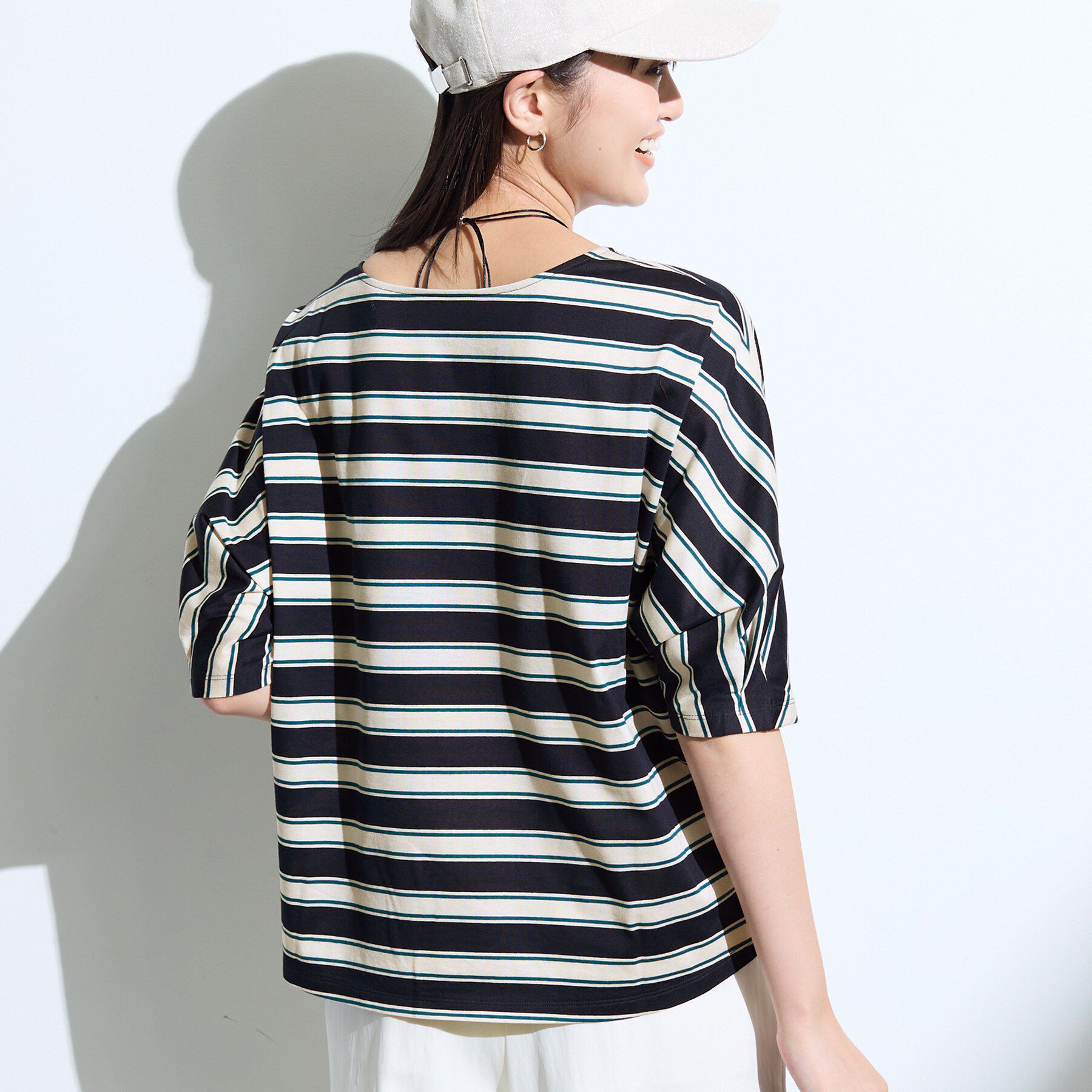 INDIVI「【体型カバー】ボーダードルマントップス」|Tシャツ・カットソー|