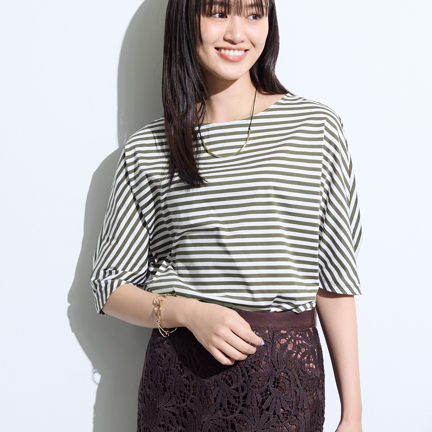 INDIVI「【体型カバー】ボーダードルマントップス」|Tシャツ・カットソー|
