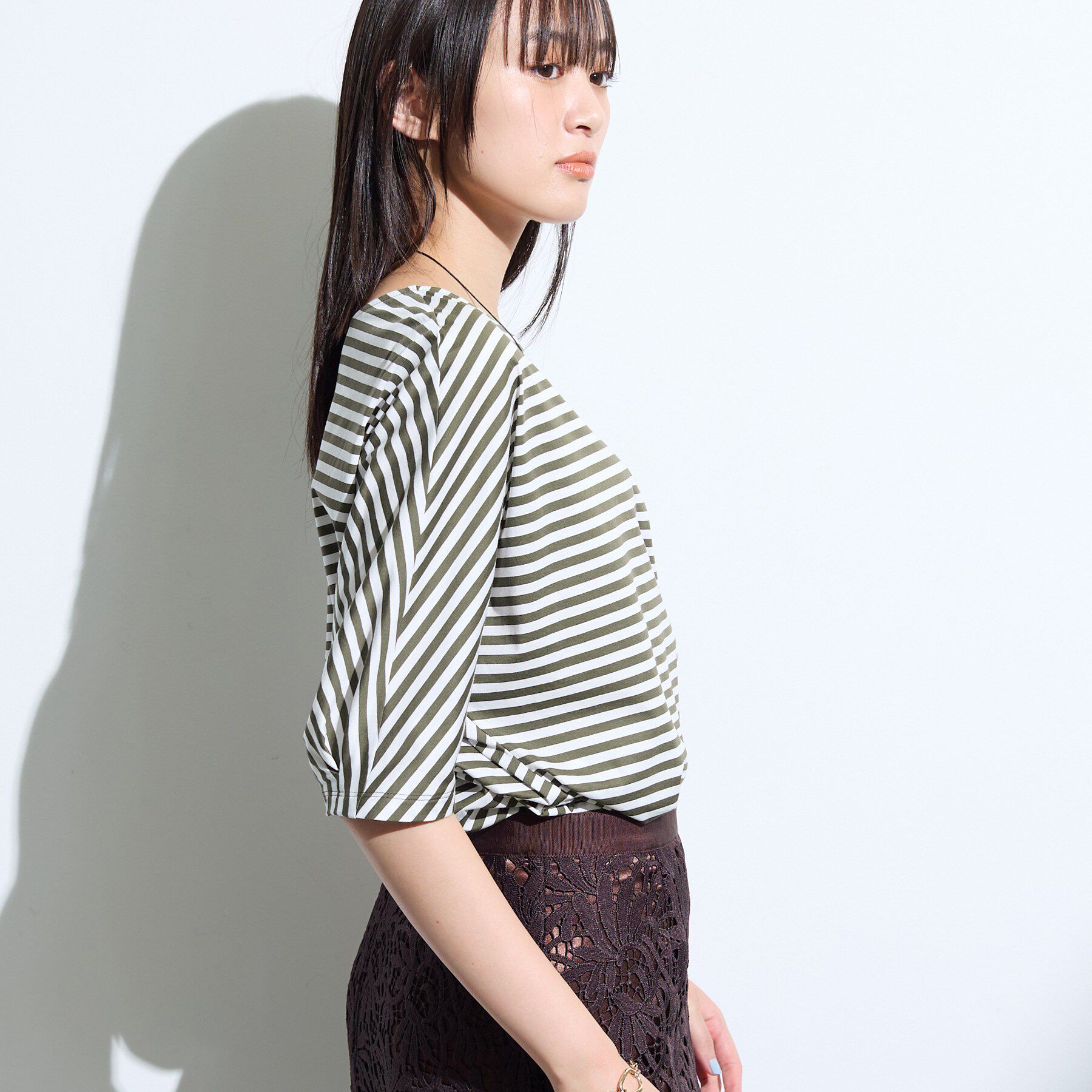 INDIVI「【体型カバー】ボーダードルマントップス」|Tシャツ・カットソー|