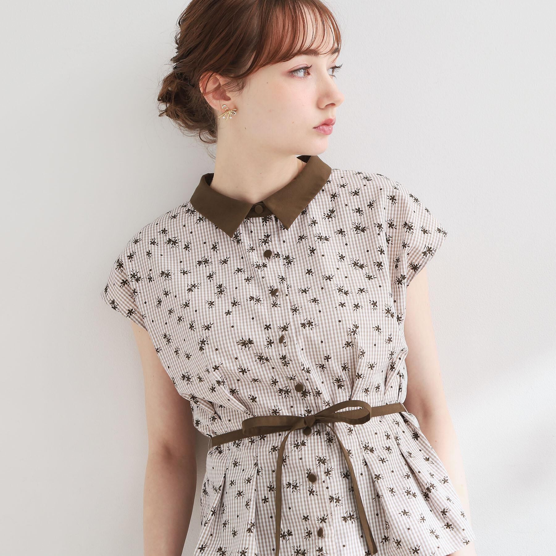 Couture broach「【洗える】フラワープリント チェックシャツ」|シャツ・ブラウス|ベージュ(252)