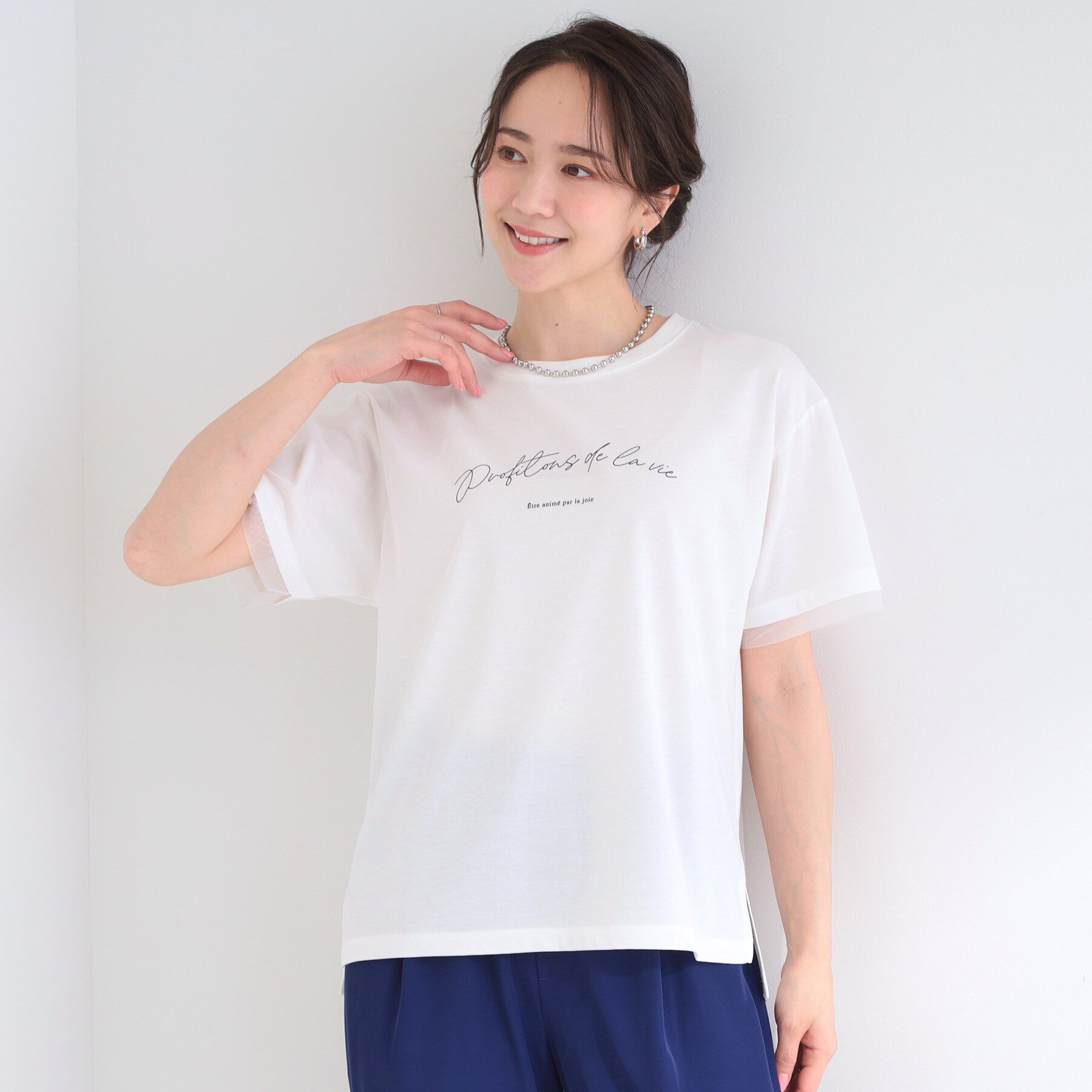 SHOO･LA･RUE「【ひんやり/S-LL/洗濯機可】色・柄選べる お袖チュールレイヤード プリントアソートTシャツ」|Tシャツ・カットソー|