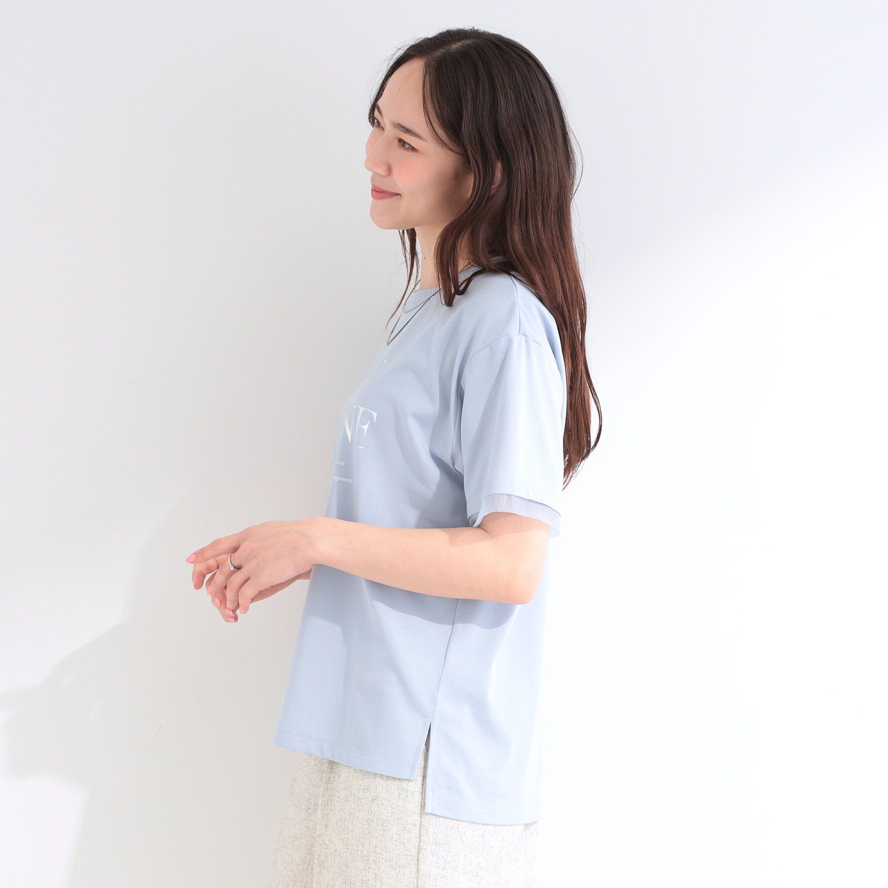 SHOO･LA･RUE「【ひんやり/S-LL/洗濯機可】色・柄選べる お袖チュールレイヤード プリントアソートTシャツ」|Tシャツ・カットソー|