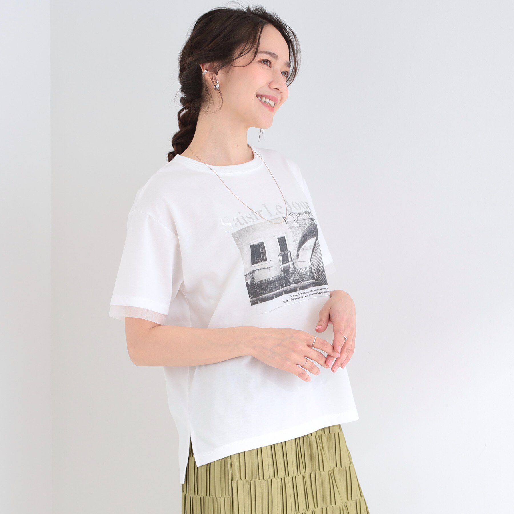 SHOO･LA･RUE「【ひんやり/S-LL/洗濯機可】色・柄選べる お袖チュールレイヤード プリントアソートTシャツ」|Tシャツ・カットソー|