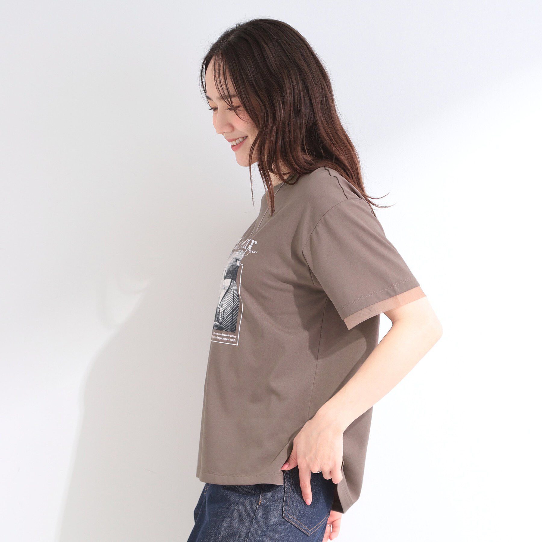 SHOO･LA･RUE「【ひんやり/S-LL/洗濯機可】色・柄選べる お袖チュールレイヤード プリントアソートTシャツ」|Tシャツ・カットソー|