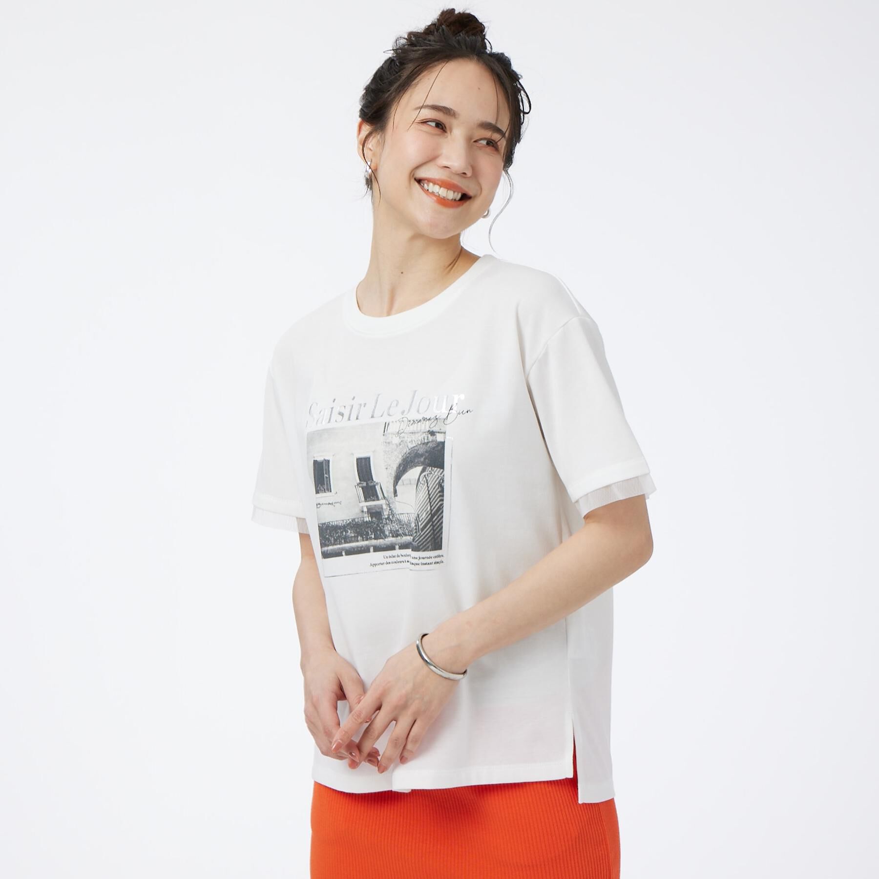 SHOO･LA･RUE「【ひんやり/S-LL/洗濯機可】色・柄選べる お袖チュールレイヤード プリントアソートTシャツ」|Tシャツ・カットソー|