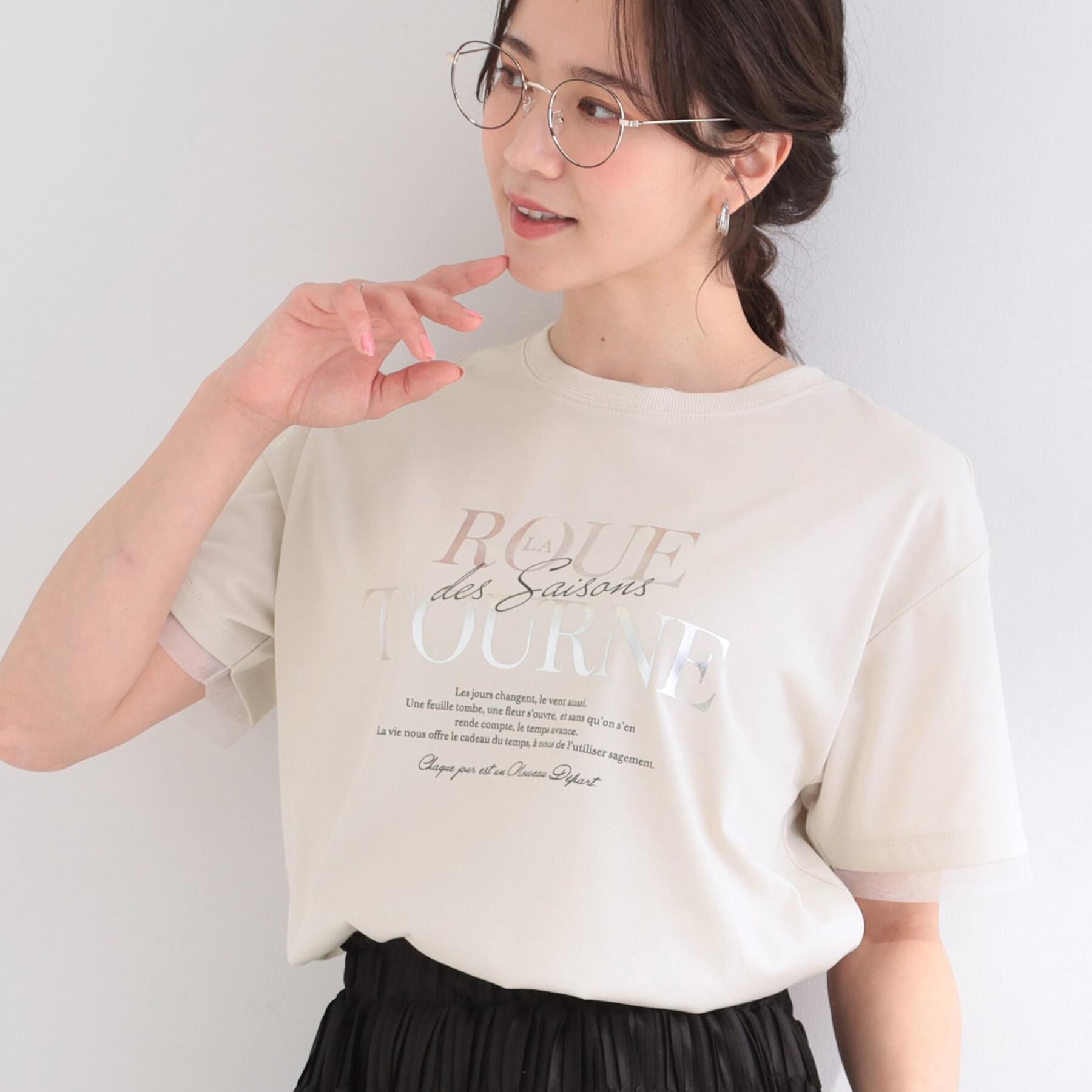 SHOO･LA･RUE「【ひんやり/S-LL/洗濯機可】色・柄選べる お袖チュールレイヤード プリントアソートTシャツ」|Tシャツ・カットソー|ライトベージュ(25