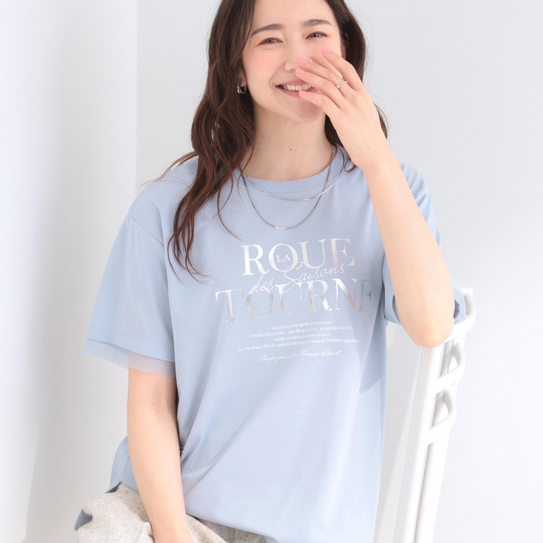 SHOO･LA･RUE「【ひんやり/S-LL/洗濯機可】色・柄選べる お袖チュールレイヤード プリントアソートTシャツ」|Tシャツ・カットソー|ブルー(291)