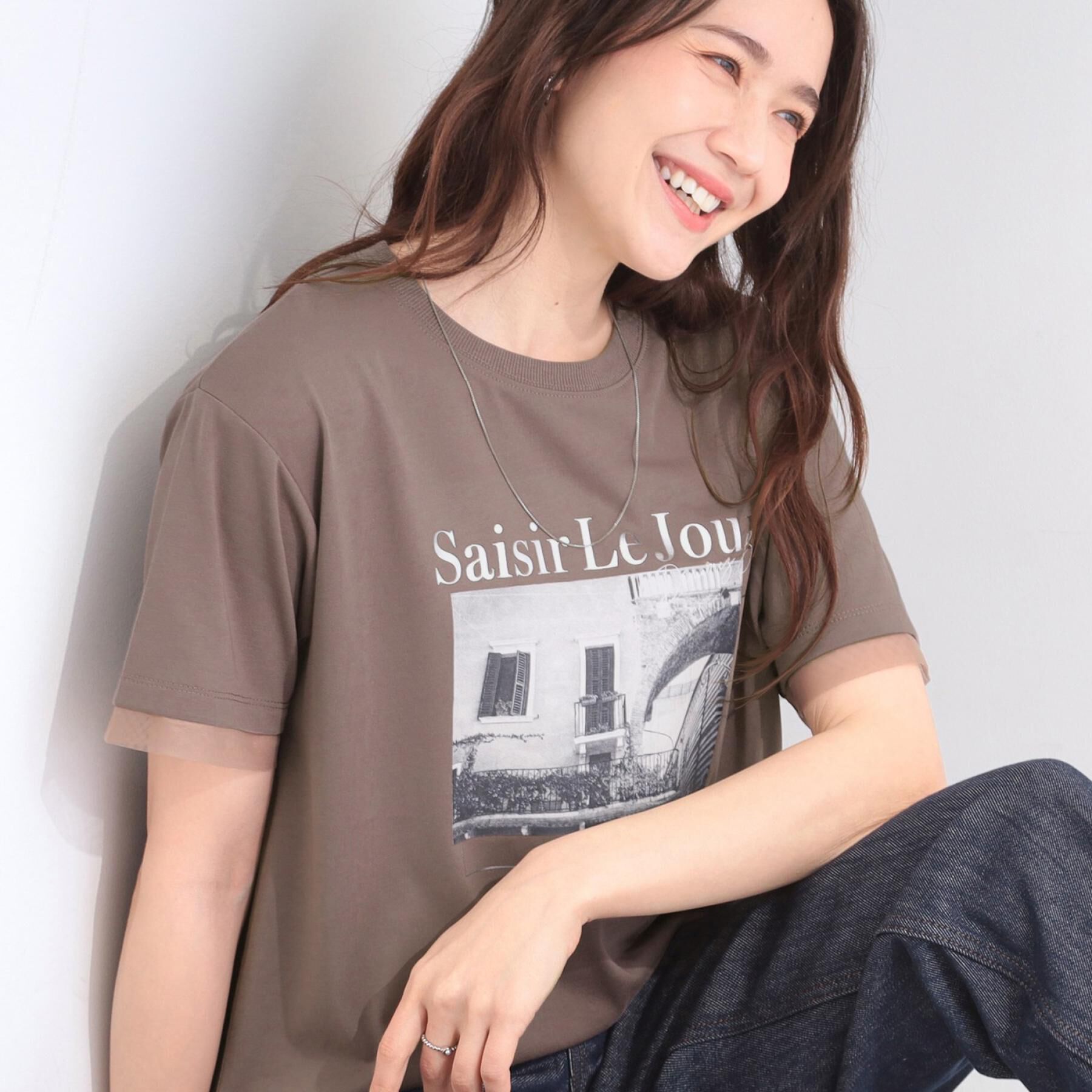 SHOO･LA･RUE「【ひんやり/S-LL/洗濯機可】色・柄選べる お袖チュールレイヤード プリントアソートTシャツ」|Tシャツ・カットソー|モカブラウン(342