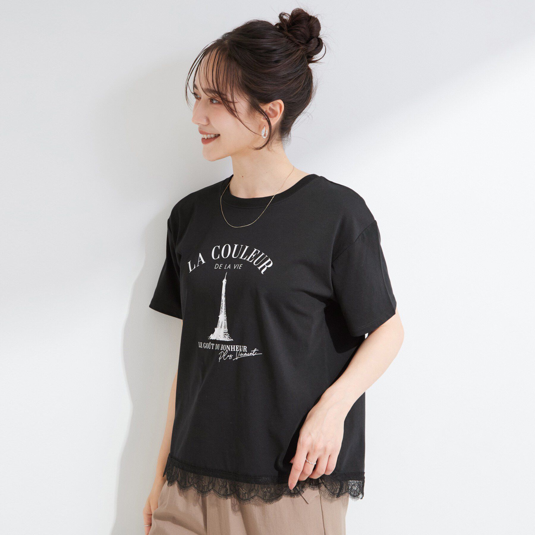 SHOO･LA･RUE「【ひんやり/UV/S-LL/洗濯機可】真夏に着たい裾レースが女性らしさをプラスする プリントアソート」|Tシャツ・カットソー|