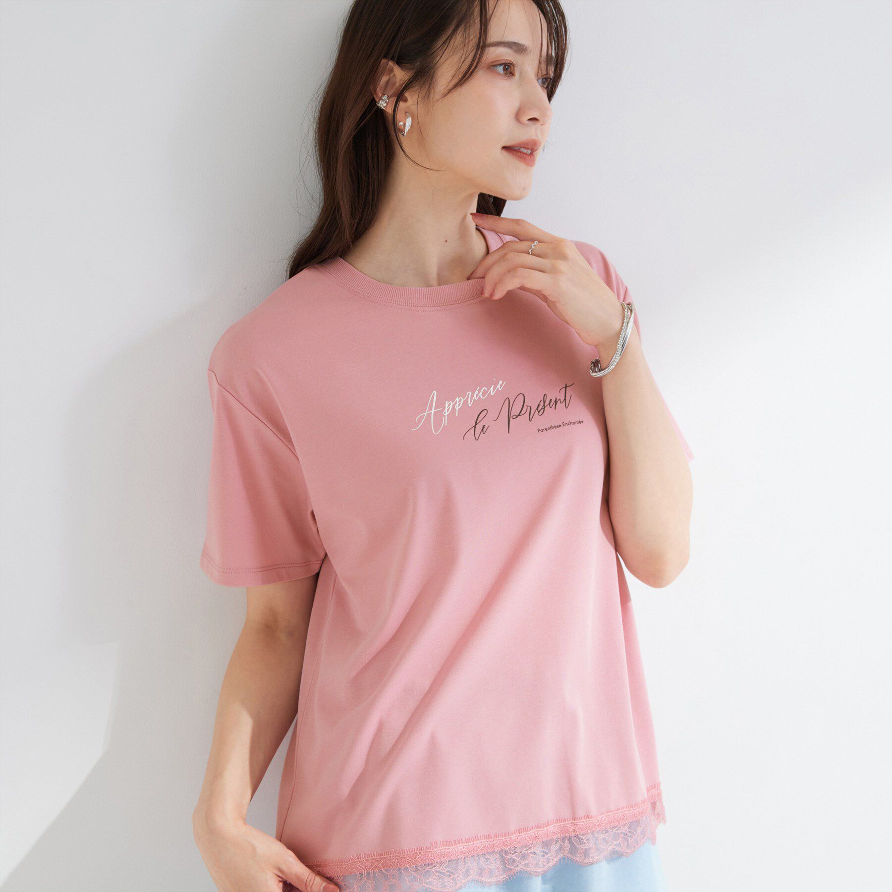 SHOO･LA･RUE「【ひんやり/UV/S-LL/洗濯機可】真夏に着たい裾レースが女性らしさをプラスする プリントアソート」|Tシャツ・カットソー|ピンク(071)