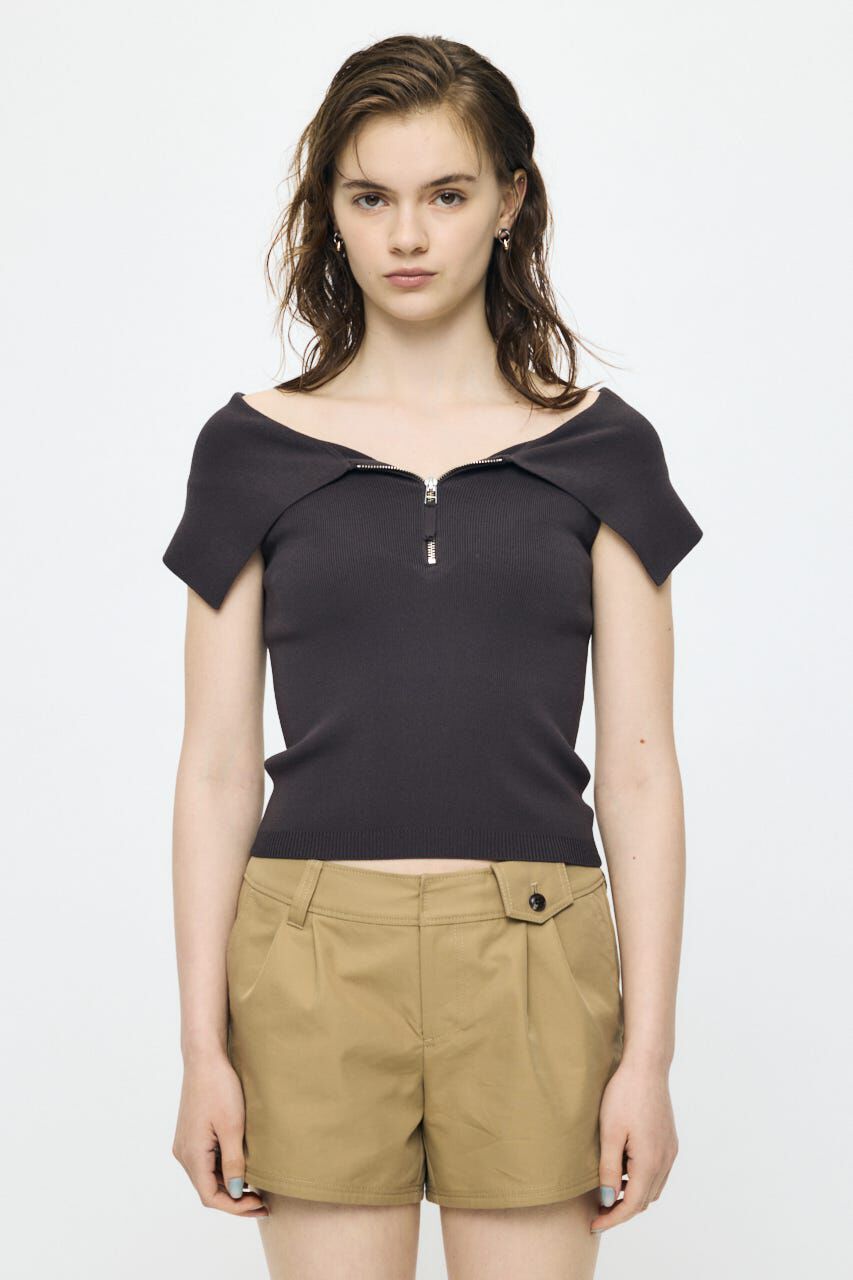MOUSSY「OFF SHOULDER HALF ZIP ニットトップス」|ニット・セーター|
