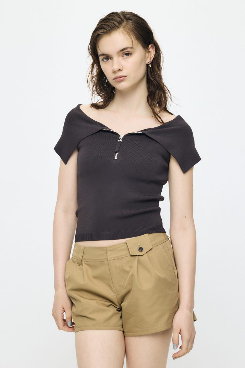 MOUSSY「OFF SHOULDER HALF ZIP ニットトップス」|ニット・セーター|