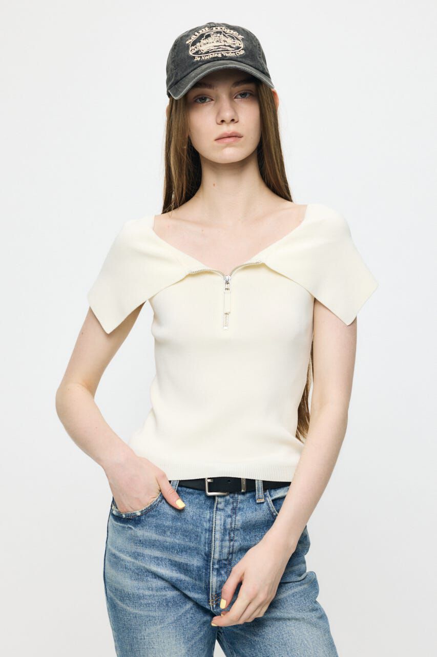MOUSSY「OFF SHOULDER HALF ZIP ニットトップス」|ニット・セーター|