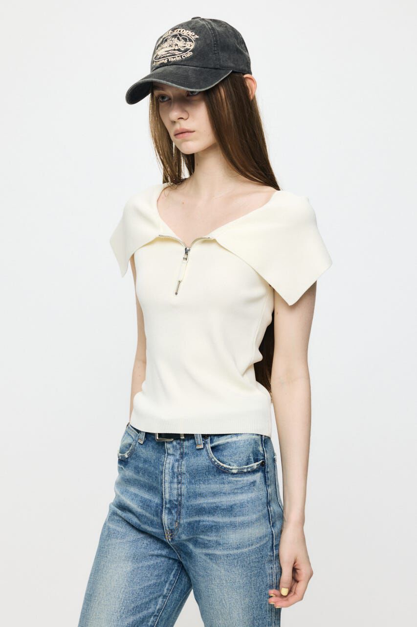 MOUSSY「OFF SHOULDER HALF ZIP ニットトップス」|ニット・セーター|