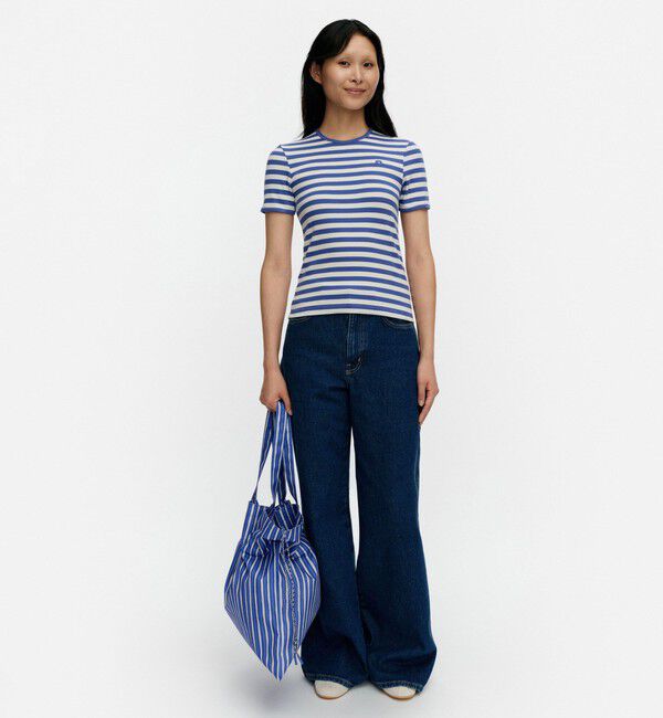 Marimekko「Kukkea Tasaraita Unikko Tシャツ」|シャツ・ブラウス|ブルー&times;オフホワイト