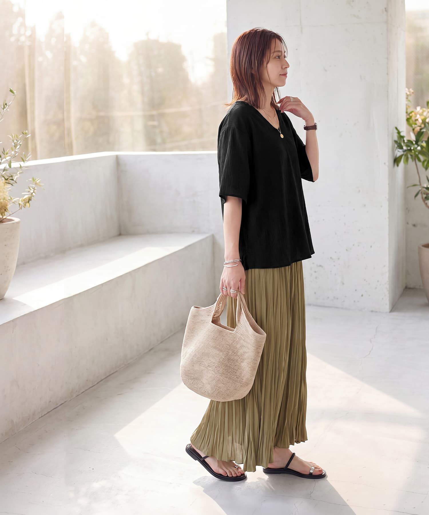 STYLE DELI「微シアー楊柳VネックTシャツ型ブラウス」|シャツ・ブラウス|