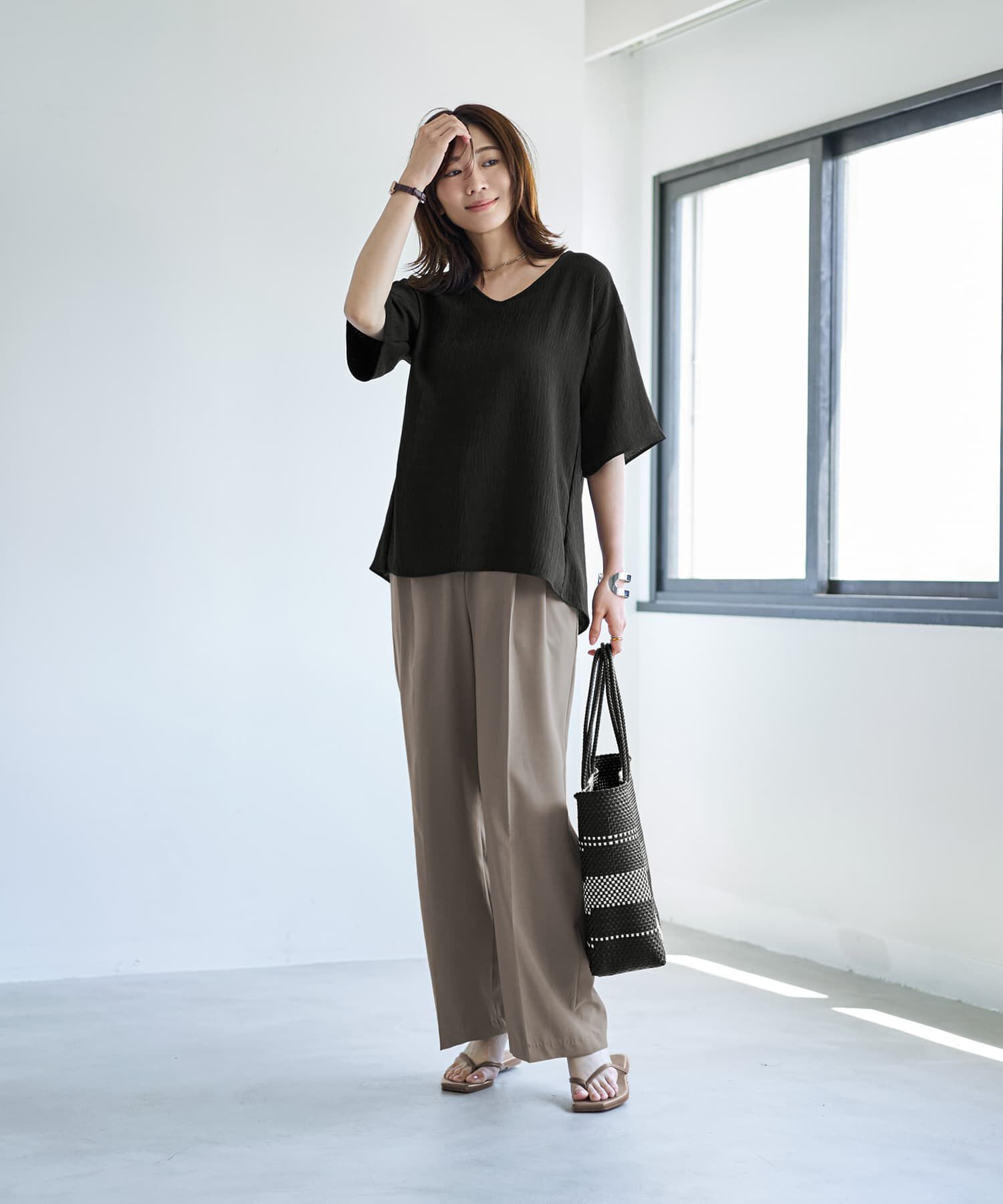 STYLE DELI「微シアー楊柳VネックTシャツ型ブラウス」|シャツ・ブラウス|