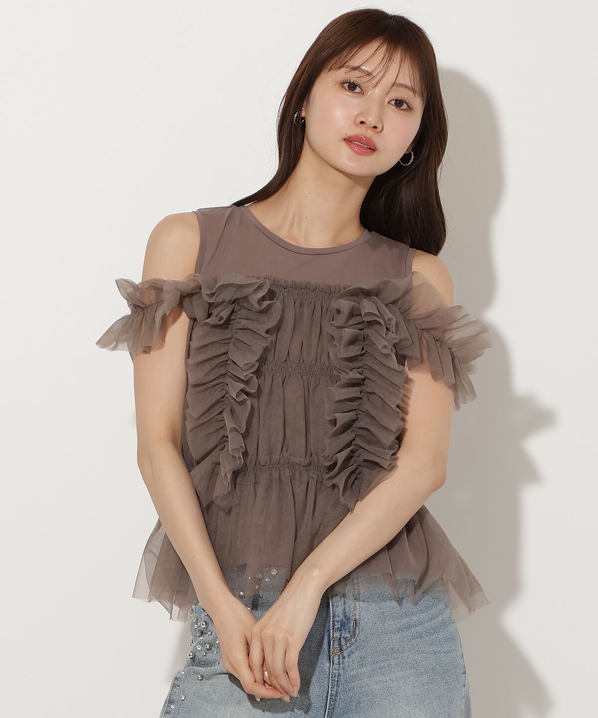 アンドクチュール「チュールレイヤードノースリーブＴシャツ」|Tシャツ・カットソー|ブラウン