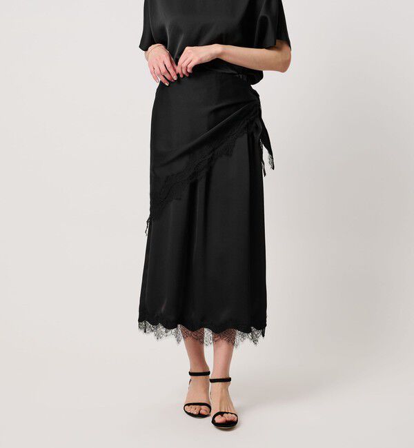 UNITED ARROWS「スカーフ付き サテン レース コンビ スカート」|スカート|BLACK