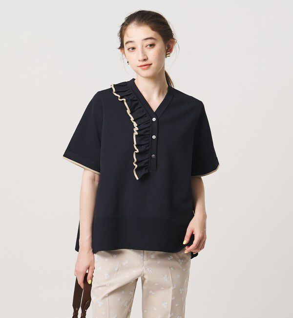 UNITED ARROWS「ミニマル フリル ショートスリーブ ニット」|ニット・セーター|NAVY