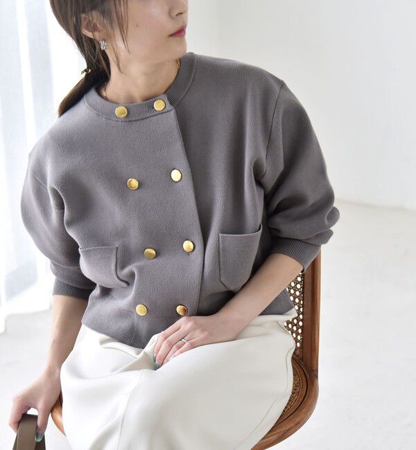 quaranciel「《一部追加予約》quaranciel:〈手洗い可能〉ノーカラー ダブル ボタン ジャケット カーディガン」|カーディガン|
