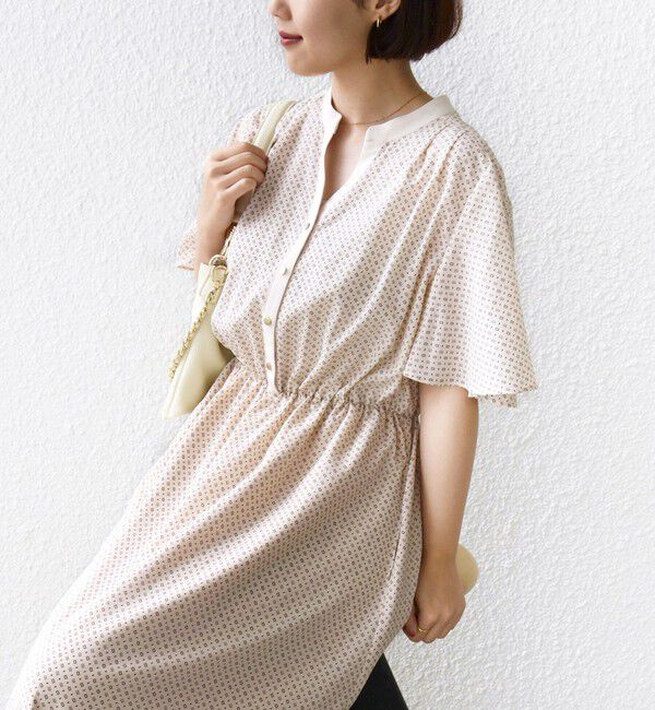 SHIPS for women「〈手洗い可能〉プリント キーネック フレア スリーブ 半袖 ワンピース」|ワンピース|ベージュ系
