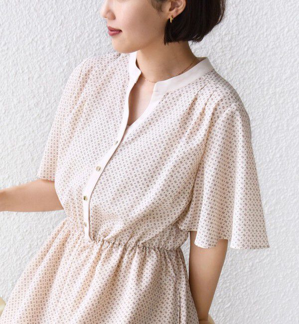SHIPS for women「〈手洗い可能〉プリント キーネック フレア スリーブ 半袖 ワンピース」|ワンピース|