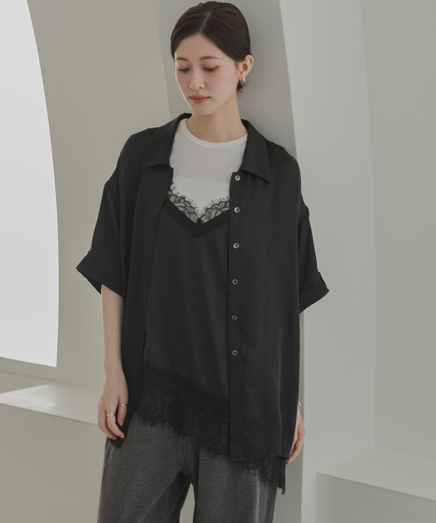 URBAN RESEARCH「ハーフスリーブキュプラシャツ」|シャツ・ブラウス|ブラック