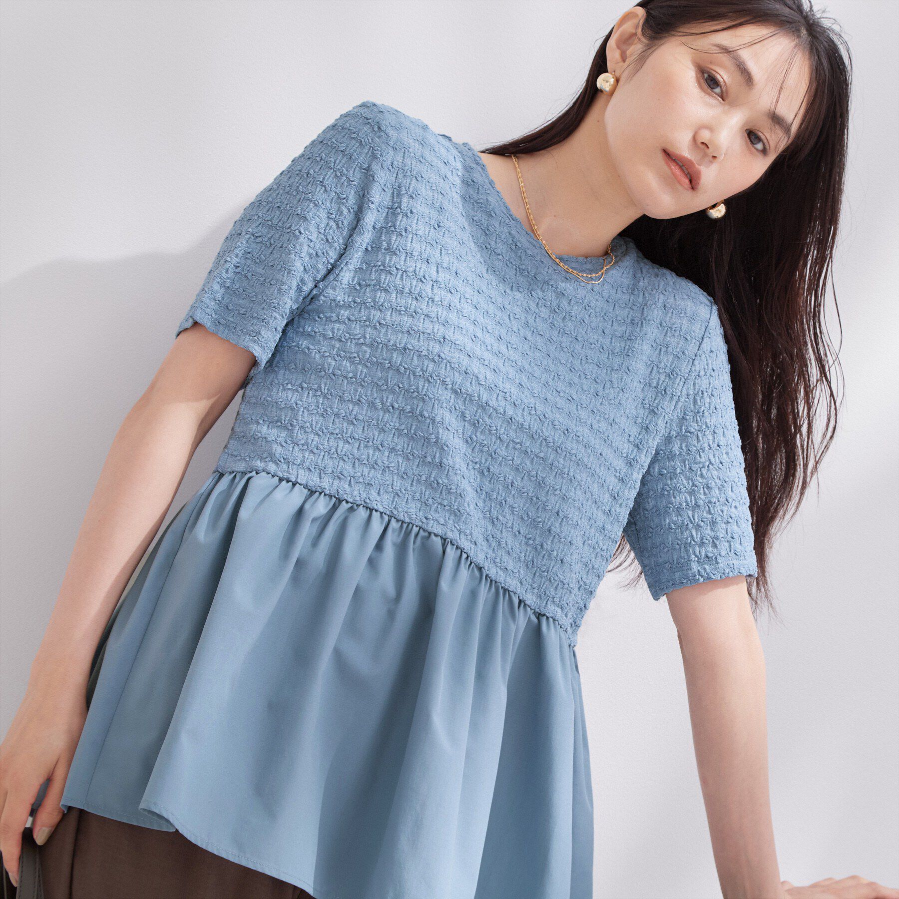 OPAQUE.CLIP「ジャカードドッキング ペプラムカットソー【洗濯機OK】」|Tシャツ・カットソー|ブルー(091)