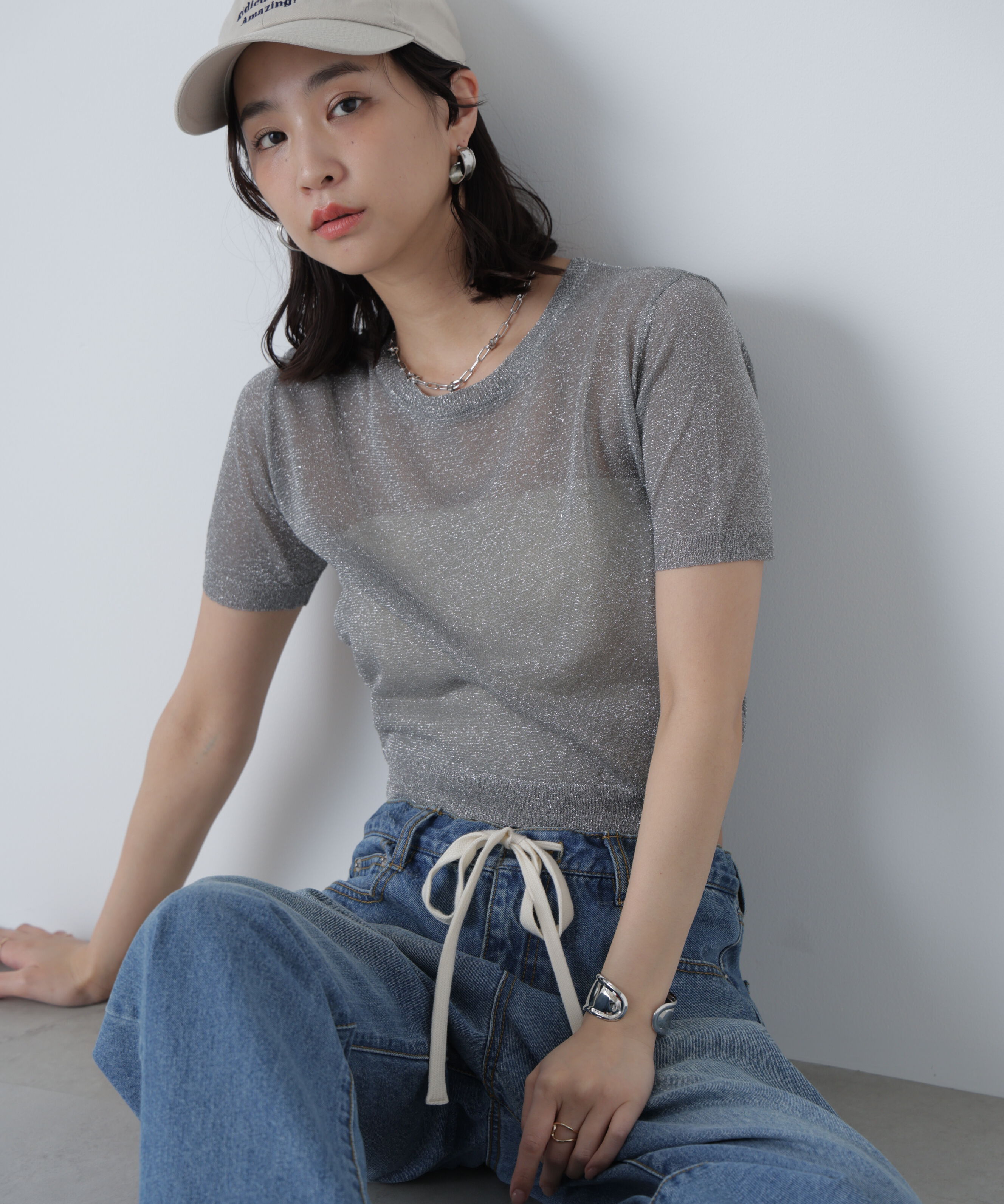  「コンパクトラメシアー半袖ニット」|ニット・セーター|