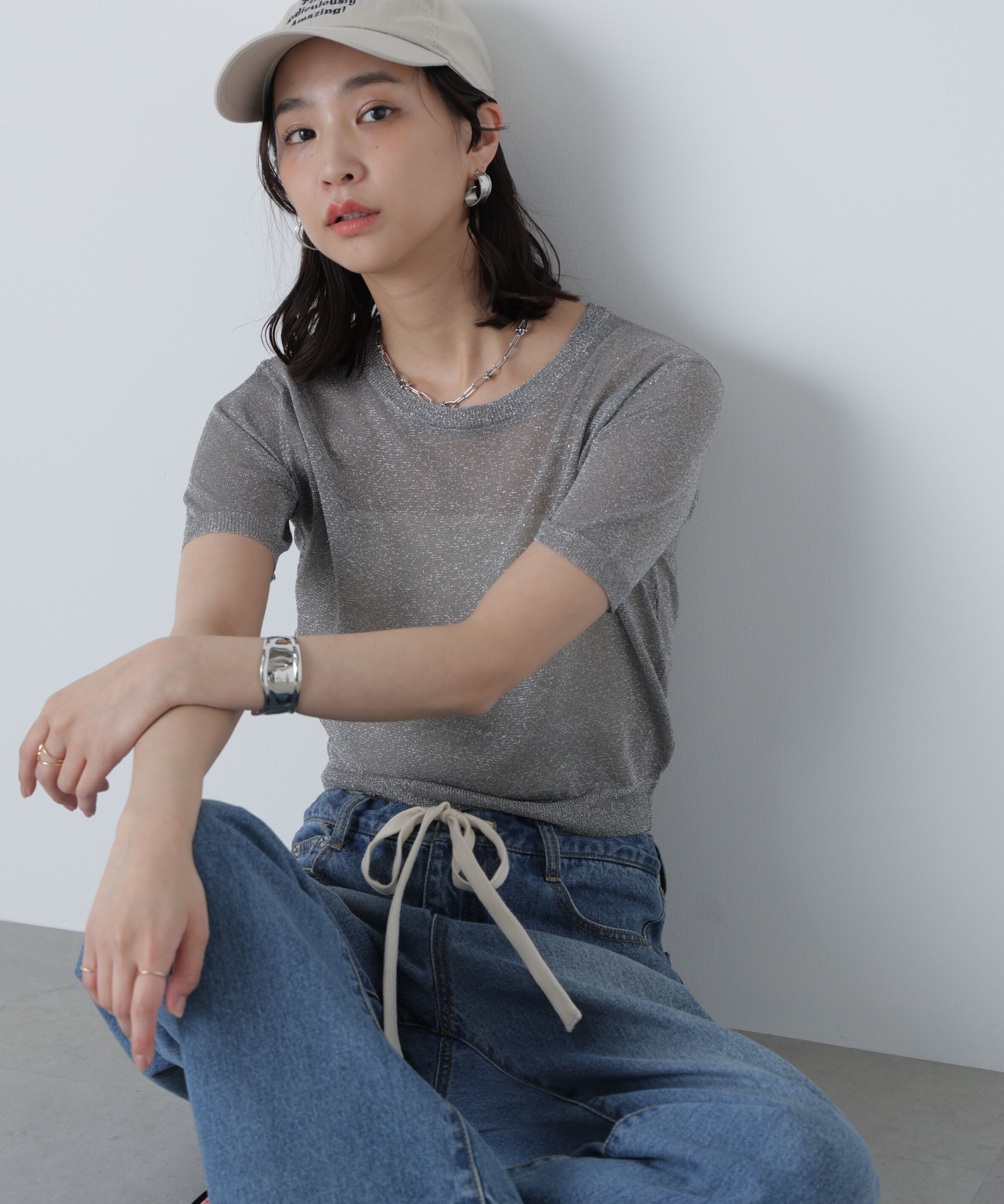  「コンパクトラメシアー半袖ニット」|ニット・セーター|
