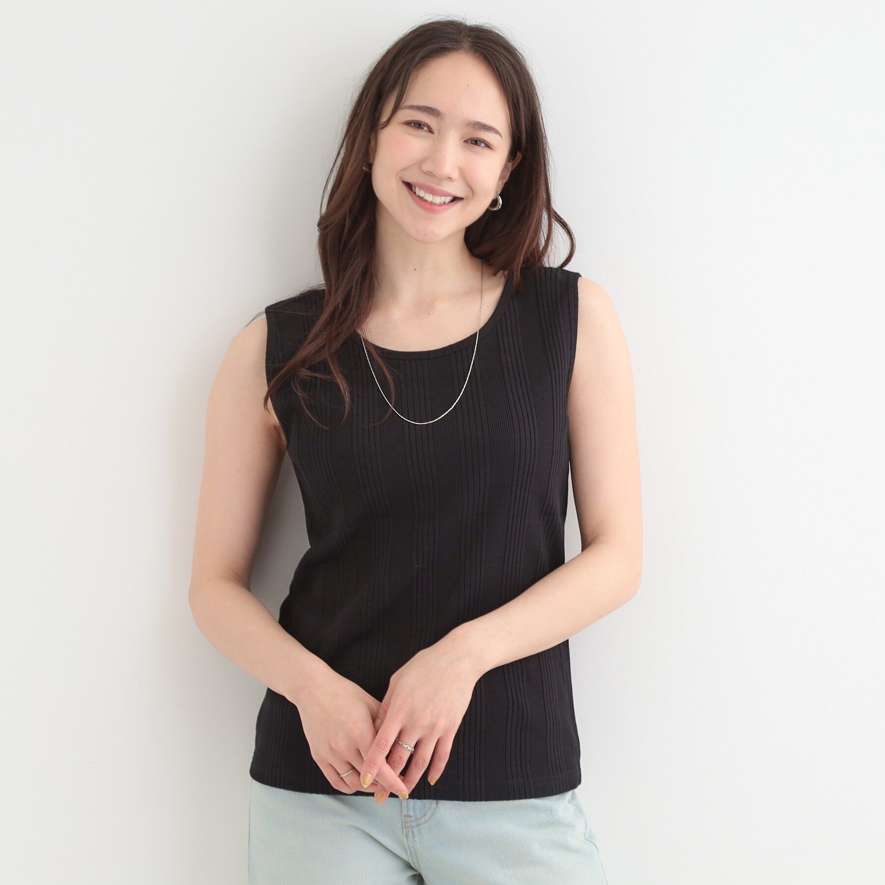 SHOO･LA･RUE「【前後2WAY/洗濯機可/S-LL】スクエアネックで小顔効果 ランダムテレコタンクトップ」|キャミソール|