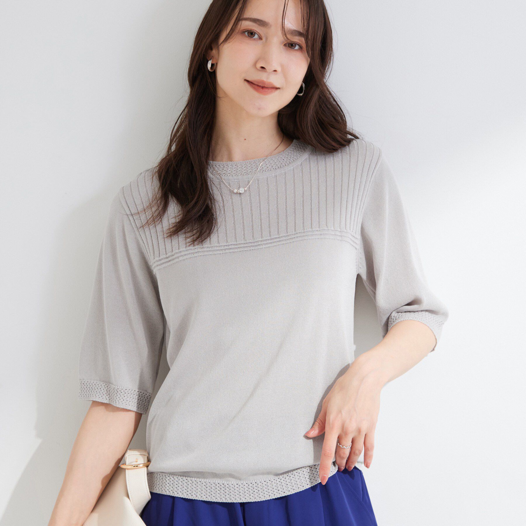 SHOO･LA･RUE「【S-LL/二の腕カバー】品よく決まる 5分袖デザインニット」|ニット・セーター|ライトグレー(011