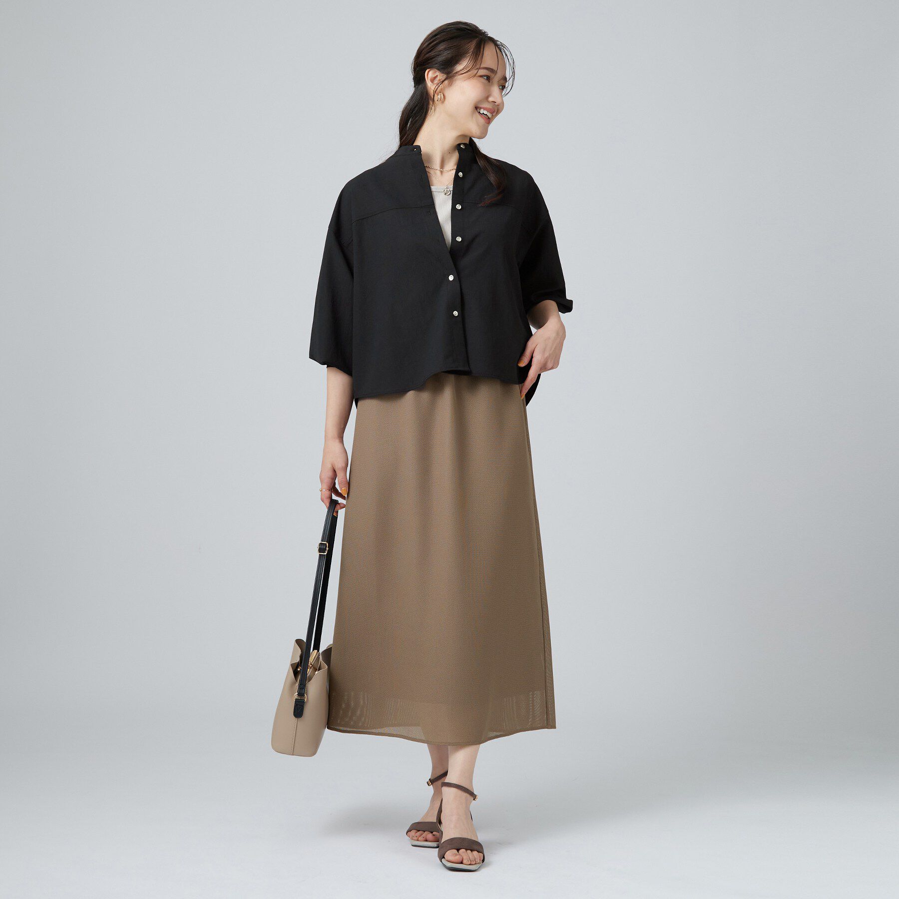 SHOO･LA･RUE「【通気性〇/S-LL/洗濯機可】さらりと心地よい。ノーカラーシャツ」|シャツ・ブラウス|