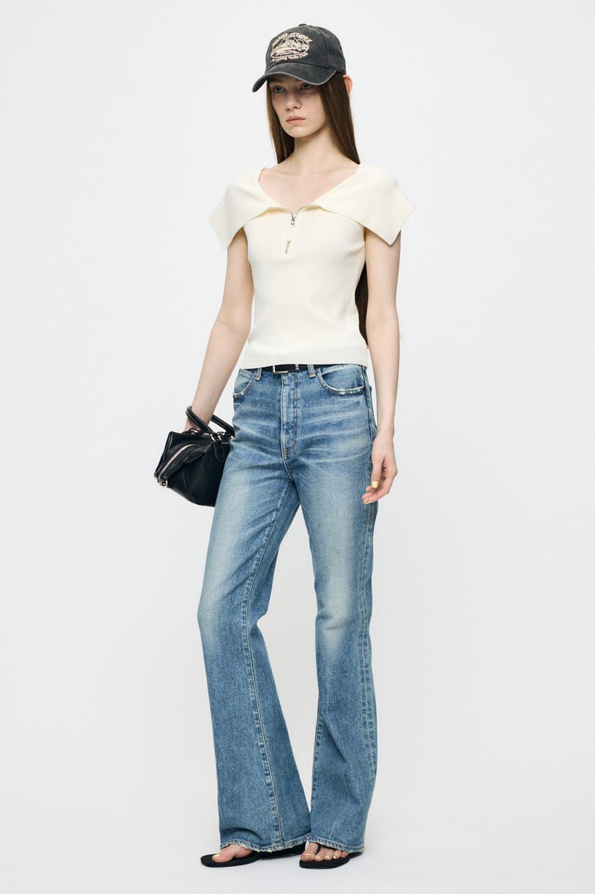 MOUSSY「OFF SHOULDER HALF ZIP ニットトップス」|ニット・セーター|